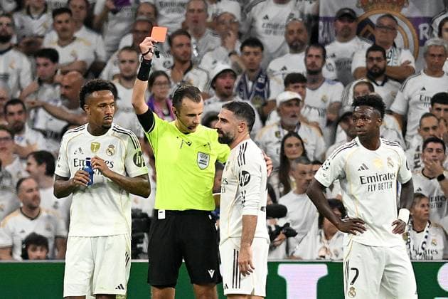 Belarusian referee Irfan Peljto shows red card to Real Madrid CF s Dani Carvajal during Champions League 2024 2025 Round 1 match. September 16,2025. (2025091597)