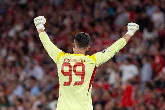 September 16, 2025, Lisbon, Lisbon, Portugal: Qarabag goalkeeper from Poland MATEUSZ KOCHALSKI (99) celebrating after a teammate scored a goal during the game for Matchday 1 of Group Phase of the UEFA Champions League between Benfica and Qarabag at Estadio da Luz Lisbon Portugal - ZUMAs359 20250916_zsp_s359_135 Copyright: xAlexandrexdexSousax