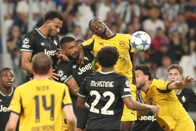 LLOYD KELLY, GLEISON BREMER, Juventus, SERHOU GUIRASSY Borussia Dortmund, Champions League, 2025-26, Juventus vs Borussia Dortmund 4-4, 16-09-2025, Contrasto, Action CHAMPIONS LEAGUE 2025-26 JUVENTUS-BORUSSI DORTMUND 4-4