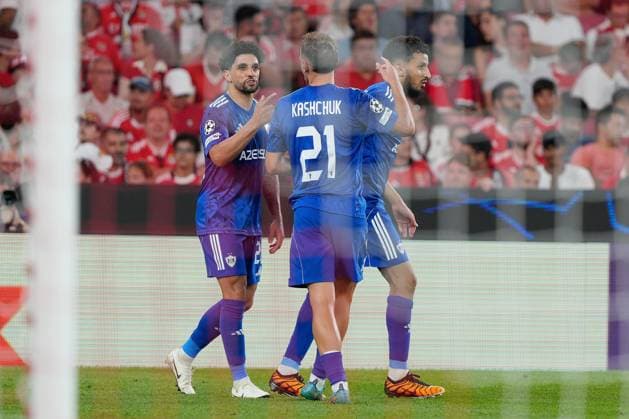 CHAMPIONS LEAGUE: BENFICA x QARABAG Kady Borges of Qarabag FK (L), Olexiy Kashchuk of Qarabag FK (C) and Abdellah Zoubir of Qarabag FK (R) celebrates their last minute winning goal during UEFA Champions League 2025 26 League phase Matchday 1 between SL Benfica and Qarabag FK at Estadio da Luz in Lisbon, Portugal. 15 09 2025 Lisbon Estadio da Luz Lisbon Portugal Copyright: xBrunoxdexCarvalhox