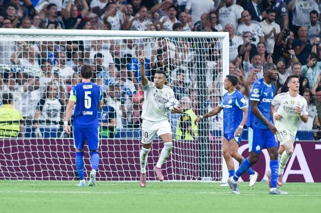 (250917) -- MADRID, Sept. 17, 2025 -- Kylian Mbappe (2nd L) of Real Madrid celebrates a goal during the first round match of UEFA Champions League between Real Madrid and Olympique Marseille in Madrid, Spain, on Sept. 16, 2025. (Photo by Xinhua) (SP)SPAIN-MADRID-FOOTBALL-UEFA CHAMPIONS LEAGUE-REAL MADRID VS OLYMPIQUE MARSEILLE GustavoxValiente 
