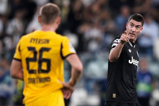 Juventus FC v Borussia Dortmund - UEFA Champions League Dusan Vlahovic of Juventus FC argues with Julian Ryerson of Borussia Dortmund during the UEFA Champions League 2025 26 league phase football match between Juventus FC and Borussia Dortmund. Turin Italy Copyright: xNicolòxCampox