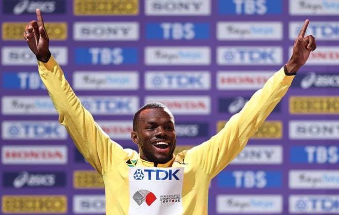 (250917) -- TOKYO, Sept. 17, 2025 -- Silver medalist Orlando Bennett of Jamaica is seen during the men s 110m hurdles awarding ceremony at the 2025 World Athletics Championships in Tokyo, Japan, Sept. 17, 2025. ) (SP)JAPAN-TOKYO-ATHLETICS-WORLD ATHLETICS CHAMPIONSHIPS-MEN S 110M HURDLES-AWARDING CEREMONY JiaxHaocheng 