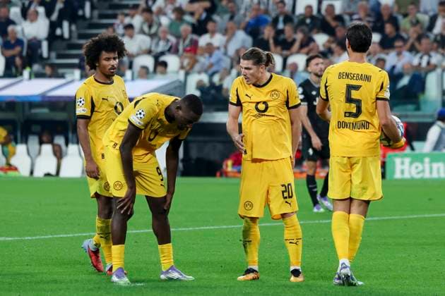 Karim Adeyemi Borussia Dortmund , Serhou Guirassy Borussia Dortmund , Marcel Sabitzer Borussia Dortmund and Ramy Bensebaini Borussia Dortmund discuss before executing the penalty kick, UEFA Champions League 2025 26 League Phase MD1, Juventus v Borussia Dortmund, Juventus Stadium on September 16, 2025 in Turin, Italy Photo by Marco Steinbrenner DeFodi Images Karim Adeyemi Borussia Dortmund , Serhou Guirassy Borussia Dortmund , Marcel Sabitzer Borussia Dortmund and Ramy Bensebaini Borussia Dortmund discuss before executing the penalty kick, UEFA Champions League 2025 26 League Phase MD1, Juventus v Borussia Dortmund, Juventus Stadium, September 16, 2025 in Turin, Italy Photo by Marco Steinbrenner DeFodi Images