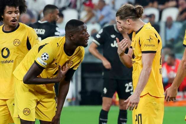 Serhou Guirassy Borussia Dortmund and Marcel Sabitzer Borussia Dortmund discuss before executing the penalty kick, UEFA Champions League 2025 26 League Phase MD1, Juventus v Borussia Dortmund, Juventus Stadium on September 16, 2025 in Turin, Italy Photo by Marco Steinbrenner DeFodi Images Serhou Guirassy Borussia Dortmund and Marcel Sabitzer Borussia Dortmund discuss before executing the penalty kick, UEFA Champions League 2025 26 League Phase MD1, Juventus v Borussia Dortmund, Juventus Stadium, September 16, 2025 in Turin, Italy Photo by Marco Steinbrenner DeFodi Images