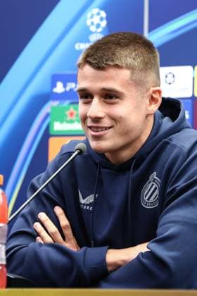 Club s Nicolo Tresoldi pictured during a press conference, PK, Pressekonferenz of Belgian soccer team Club Brugge, in Brugge, on Wednesday 17 September 2025. The team is preparing for a game against French team AS Monaco on Thursday, on the opening day of the League phase of the UEFA Champions League tournament. BRUNOxFAHY  x134516581x