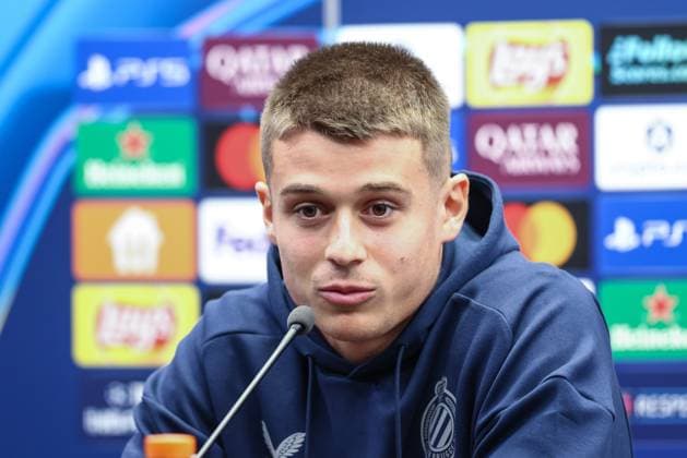 Club s Nicolo Tresoldi pictured during a press conference, PK, Pressekonferenz of Belgian soccer team Club Brugge, in Brugge, on Wednesday 17 September 2025. The team is preparing for a game against French team AS Monaco on Thursday, on the opening day of the League phase of the UEFA Champions League tournament. BRUNOxFAHY  x134517083x
