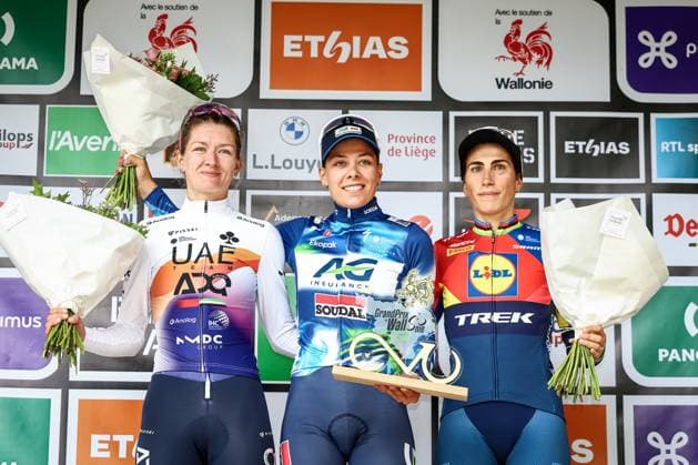 Dutch Karlijn Swinkels of UAE Team ADQ, Belgian Shari Bossuyt and Italian Elisa Balsamo of Lidl-Trek pictured on the podium after the one day cycling race Grand Prix de Wallonie 2025 (128,7km), in Namur, on Wednesday 17 September 2025. DAVIDxPINTENS  x134523485x