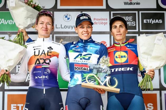Dutch Karlijn Swinkels of UAE Team ADQ, Belgian Shari Bossuyt and Italian Elisa Balsamo of Lidl-Trek pictured on the podium after the one day cycling race Grand Prix de Wallonie 2025 (128,7km), in Namur, on Wednesday 17 September 2025. DAVIDxPINTENS  x134523500x
