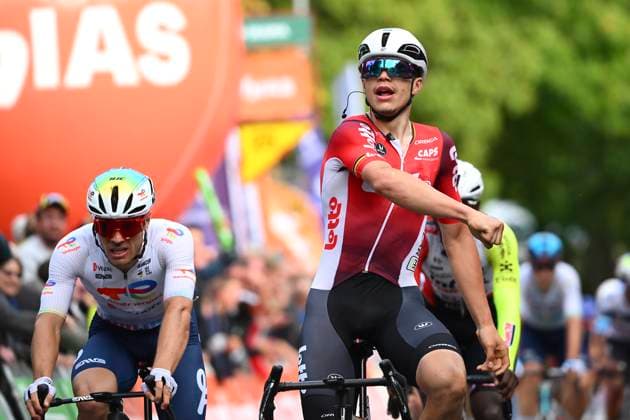 Grand Prix de Wallonie 2025 Cycling Race NAMUR, BELGIUM - SEPTEMBER 17 : De Lie Arnaud (BEL) of Lotto wins, second place for Jeanniere Emilien (FRA) of Team TotalEnergies, third place for Girmay Biniam (ERI) of Intermarche - Wanty during the 66th edition of Grand Prix de Wallonie an UCI ProSeries 1.Pro one day cycling road race for Men Elite of 187 km with start in Dison and finish in Citadelle de Namur on September 17, 2025 in Namur, Belgium, 17 09 2025 ( Motordriver Stefan Boone - Namur Belgium  Copyright: xVincentxKalutx