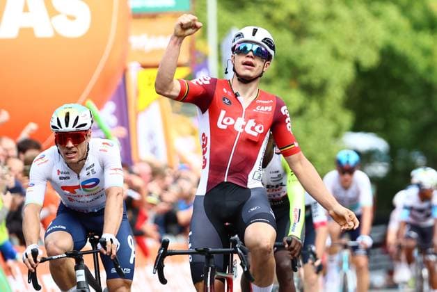 Belgian Arnaud De Lie of Lotto Cycling Team celebrates after winning the one day cycling race Grand Prix de Wallonie 2025 (187 km), in Namur, on Wednesday 17 September 2025. DAVIDxPINTENS  x134534751x