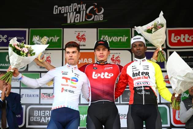 Grand Prix de Wallonie 2025 Cycling Race NAMUR, BELGIUM - SEPTEMBER 17 : Jeanniere Emilien (FRA) of Team TotalEnergies, De Lie Arnaud (BEL) of Lotto and Girmay Biniam (ERI) of Intermarche - Wanty pictured during the podium ceremony of the 66th edition of Grand Prix de Wallonie an UCI ProSeries 1.Pro one day cycling road race for Men Elite of 187 km with start in Dison and finish in Citadelle de Namur on September 17, 2025 in Namur, Belgium, 17 09 2025 ( Motordriver Stefan Boone - Namur Belgium  Copyright: xVincentxKalutx