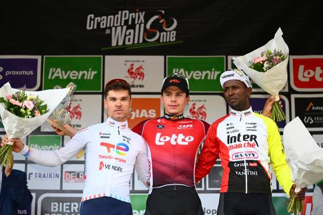 Grand Prix de Wallonie 2025 Cycling Race NAMUR, BELGIUM - SEPTEMBER 17 : Jeanniere Emilien (FRA) of Team TotalEnergies, De Lie Arnaud (BEL) of Lotto and Girmay Biniam (ERI) of Intermarche - Wanty pictured during the podium ceremony of the 66th edition of Grand Prix de Wallonie an UCI ProSeries 1.Pro one day cycling road race for Men Elite of 187 km with start in Dison and finish in Citadelle de Namur on September 17, 2025 in Namur, Belgium, 17 09 2025 ( Motordriver Stefan Boone - Namur Belgium  Copyright: xVincentxKalutx