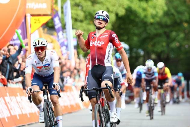 Belgian Arnaud De Lie of Lotto Cycling Team celebrates after winning the one day cycling race Grand Prix de Wallonie 2025 (187 km), in Namur, on Wednesday 17 September 2025. DAVIDxPINTENS  x134535029x