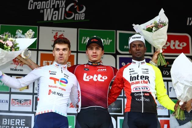 French Emilien Jeanniere of TotalEnergies, Belgian Arnaud De Lie of Lotto Cycling Team and Eritrean Biniam Girmay Hailu of Intermarche-Wanty pictured on the podium after the one day cycling race Grand Prix de Wallonie 2025 (187 km), in Namur, on Wednesday 17 September 2025. DAVIDxPINTENS  x134535276x