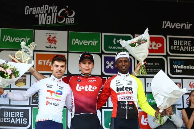 French Emilien Jeanniere of TotalEnergies, Belgian Arnaud De Lie of Lotto Cycling Team and Eritrean Biniam Girmay Hailu of Intermarche-Wanty pictured on the podium after the one day cycling race Grand Prix de Wallonie 2025 (187 km), in Namur, on Wednesday 17 September 2025. DAVIDxPINTENS  x134535297x