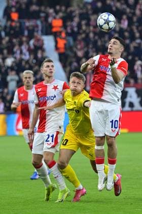 From left David Doudera of Slavia, Mathias Jorgensen of Bodo Glimt, Christos Zafeiris of Slavia in action during the Football Champions League 1st round match Slavia Praha vs Bodo Glimt in Prague, Czech Republic, September 17, 2025. (CTKxPhoto VitxSimanek) CTKPhotoP2025091707627  CTKPhotoP2025091707627