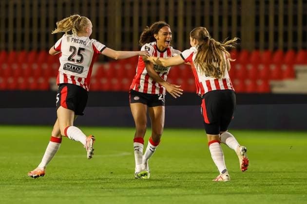 Eindhoven, Netherlands, September 17th 2025: Nina Nijstad (20 PSV Eindhoven) celebrates after scoring her teams third goal during the UEFA Womens Europa Cup 2025 26 First Qualifying Round game between PSV Eindhoven and Rosenborg BK at De Herdgang in Eindhoven, the Netherlands. (Leiting Gao SPP) Copyright: xLeitingxGaox xSPPx Sportspressphoto_SPR27493