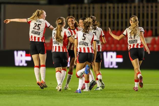Eindhoven, Netherlands, September 17th 2025: Nina Nijstad (20 PSV Eindhoven) celebrates after scoring her teams third goal during the UEFA Womens Europa Cup 2025 26 First Qualifying Round game between PSV Eindhoven and Rosenborg BK at De Herdgang in Eindhoven, the Netherlands. (Leiting Gao SPP) Copyright: xLeitingxGaox xSPPx Sportspressphoto_SPR27496