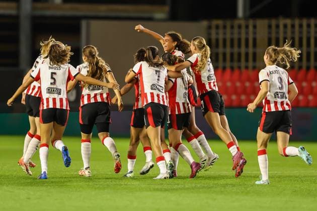 Eindhoven, Netherlands, September 17th 2025: Nina Nijstad (20 PSV Eindhoven) celebrates after scoring her teams third goal during the UEFA Womens Europa Cup 2025 26 First Qualifying Round game between PSV Eindhoven and Rosenborg BK at De Herdgang in Eindhoven, the Netherlands. (Leiting Gao SPP) Copyright: xLeitingxGaox xSPPx spp-en-LeGaSp-LG202509174910