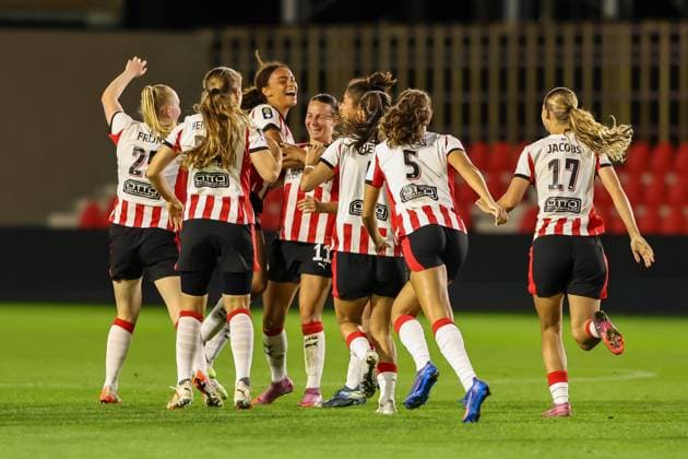 Eindhoven, Netherlands, September 17th 2025: Nina Nijstad (20 PSV Eindhoven) celebrates after scoring her teams third goal during the UEFA Womens Europa Cup 2025 26 First Qualifying Round game between PSV Eindhoven and Rosenborg BK at De Herdgang in Eindhoven, the Netherlands. (Leiting Gao SPP) Copyright: xLeitingxGaox xSPPx Sportspressphoto_SPR27497