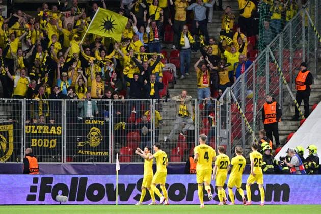 Football players of Bodo Glimt celebrate goal during the Football Champions League 1st round match Slavia Praha vs Bodo Glimt in Prague, Czech Republic, September 17, 2025. (CTKxPhoto VitxSimanek) CTKPhotoP2025091708636  CTKPhotoP2025091708636