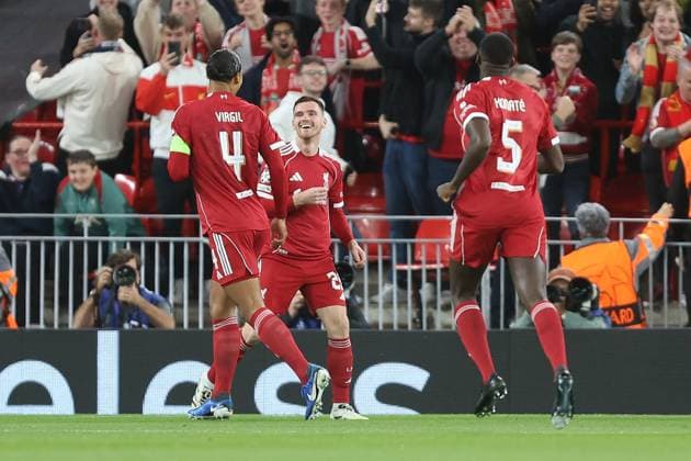 Andrew Robertson of Liverpool celebrates scoring their sides first goal Liverpool v Atletico Madrid, UEFA Champions League, Group Stage, Football, Anfield, Liverpool, UK - 17 Sep 2025Liverpool Anfield United Kingdom EDITORIAL USE ONLY No use with unauthorised audio, video, data, fixture lists, club league logos or live services. Online in-match use limited to 120 images, no video emulation. No use in betting, games or single club league player publications. Copyright: xPhilxOldham Shutterstockx 15481355t
