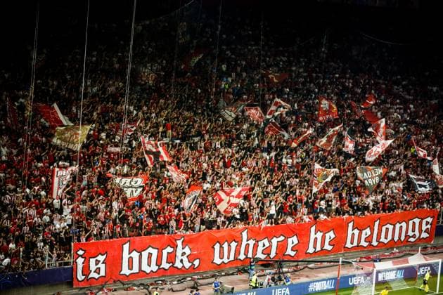UEFA Champions League - Olympiacos FC vs Pafos FC - Olympiacos fans react during the UEFA Champions League Phase matchday 1 soccer match between Olympiacos FC and Pafos FC in Stadium Georgios Karaiskakis in Piraeus, Greece, 17 September 2025.. IMAGO ONE INCH PRODUCTIONS PIRAEUS Greece Copyright: xONExINCHxPRODUCTIONSx 6659591