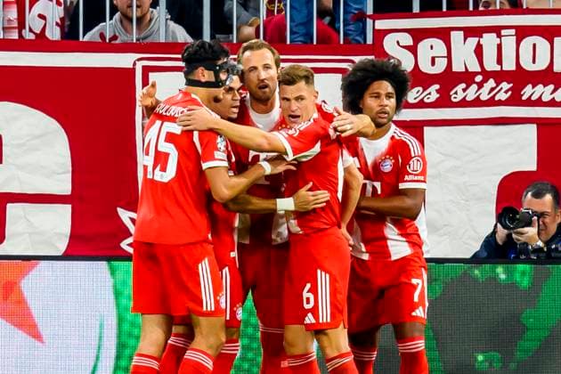 GER, UEFA CL, FC Bayern Muenchen GER vs FC Chelsea GBR 17 09 2025, Allianz Arena, Muenchen, GER, UEFA CL, FC Bayern Muenchen GER vs FC Chelsea GBR , UEFA regulations prohibit any use of photographs as image sequences and or quasi video, in the picture cheering after the goal to 2 0 by Harry Kane FCB 9 with Aleksandar Pavlovi Pavlovic FCB 45 Serge Gnabry FCB 7 Joshua Kimmich FCB 6 nordphotoxGmbHx xStraubmeier nph00004