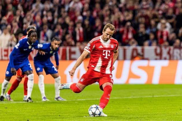 UEFA Champions League, FC Bayern Munich FC Chelsea 17 09 2025 Harry Kane FC Bayern Munich, 9 shoots the penalty for 2 0, goal, goal kick UEFA Champions League, FC Bayern Munich FC Chelsea Munich, Allianz Arena on 17 09 2025 Copyright: xBEAUTIFULxSPORTS Wunderlx