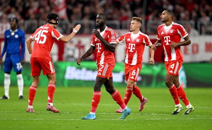 FOOTBALL CHAMPIONS LEAGUE SEASON 2025 2026 Preliminary Round 1 Matchday 17 09 2025 FC Bayern Muenchen FC Chelsea London Team celebration after the own goal, FC Bayern Muenchen, Dayot Upamecano, Joshua Kimmich, Jonathan Tah