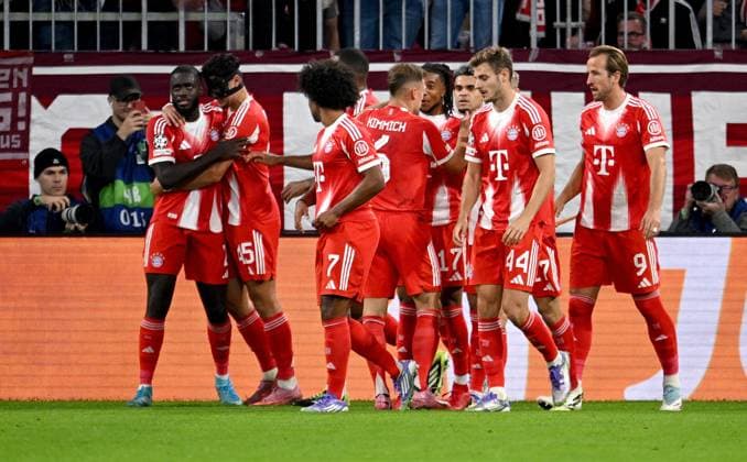 FOOTBALL CHAMPIONS LEAGUE SEASON 2025 2026 Preliminary Round 1 Matchday 17 09 2025 FC Bayern Muenchen FC Chelsea London Team celebration after the own goal, FC Bayern Muenchen, Dayot Upamecano, Aleksandar Pavlovic