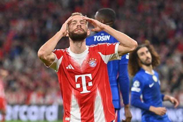 Konrad LAIMER Bayern Muenchen , Disappointment,frustration,disappointed,frustrated,dejected, Football Champions League,Season 2025 26 ,1 Matchday FC Bayern Muenchen FC Chelsea on 17 09 2025 A L L I A N Z A R E N A