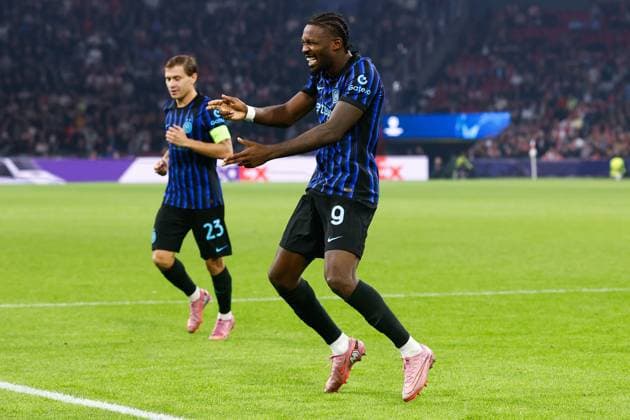 AMSTERDAM, 17-09-2025, Johan Cruijff ArenA ,season 2025 2026 , UEFA Champions League football , league phase, .Match between Ajax and Inter Milan , Picture shows Inter player Marcus Thuram celebrating the 0-2 Ajax - Inter  x31066974x Copyright: