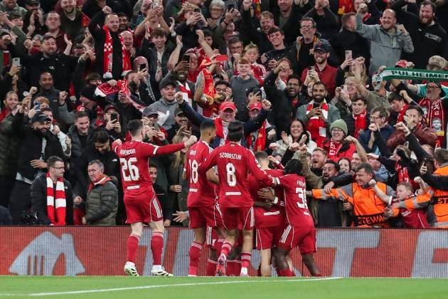 Liverpool FC v Atletico Madrid, Champions League Liverpool defender Andrew Robertson (26) celebrates their sides goal by Liverpool forward Mohamed Salah (11) during the Liverpool FC v Atletico Madrid Champions League Round One match at Anfield, Liverpool, United Kingdom on 17 September 2025 Credit: Lee Keuneke Every Second Media Editorial use only. All images are copyright Every Second Media Limited. No images may be reproduced without prior permission. Copyright: xIMAGO EveryxSecondxMediax ESM-1590-0049 LeexKeunekex xEveryxSecondxMediax