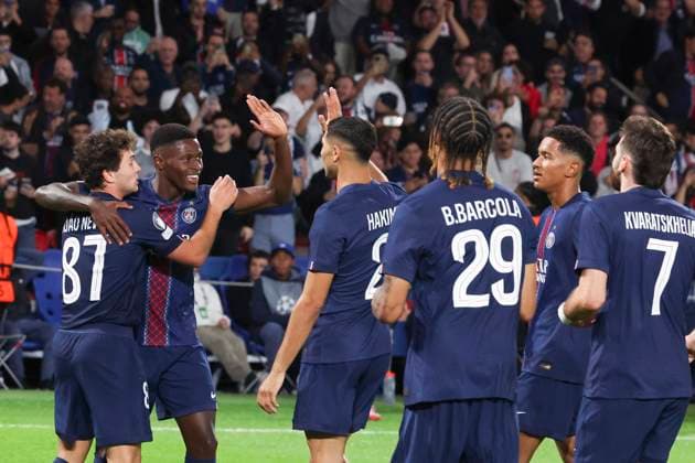 FOOTBALL : Paris Saint Germain Vs Atalanta - Ligue des Champions - 17 09 2025 Joie - But de Nuno Mendes (PSG) - Joao Neves (PSG) - Achraf Hakimi (PSG) - Senny Mayulu (PSG) - Bradley Barcola (PSG) - Khvicha Kvaratskhelia (PSG) ParisFrance  Copyright: xMichtofx