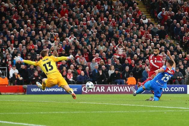 Mohamed Salah of Liverpool hits the post with a shot Liverpool v Atletico Madrid, UEFA Champions League, Group Stage, Football, Anfield, Liverpool, UK - 17 Sep 2025Liverpool Anfield United Kingdom EDITORIAL USE ONLY No use with unauthorised audio, video, data, fixture lists, club league logos or live services. Online in-match use limited to 120 images, no video emulation. No use in betting, games or single club league player publications. Copyright: xPhilxOldham Shutterstockx 15481355bi