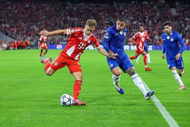 Soccer Champions League Matchday 1 FC Bayern Munich FC Chelsea on 17 09 2025 at the Allianz Arena in Munich Joshua Kimmich Munich , left Enzo Fernandez Chelsea , right xMSx