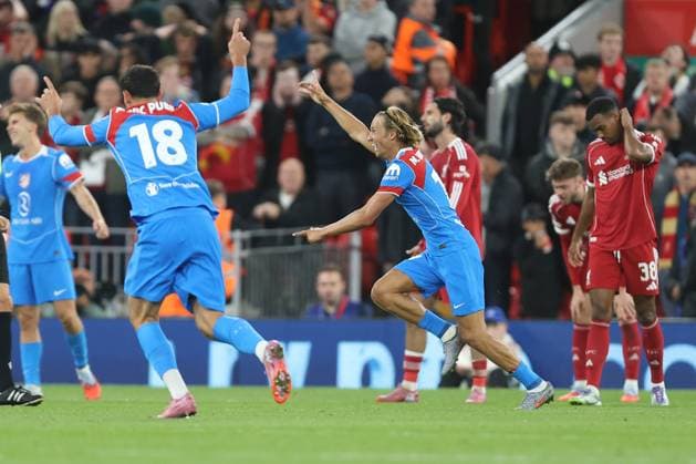 Marcos Llorente of Atletico Madrid celebrates scoring their sides second goal Liverpool v Atletico Madrid, UEFA Champions League, Group Stage, Football, Anfield, Liverpool, UK - 17 Sep 2025Liverpool Anfield United Kingdom EDITORIAL USE ONLY No use with unauthorised audio, video, data, fixture lists, club league logos or live services. Online in-match use limited to 120 images, no video emulation. No use in betting, games or single club league player publications. Copyright: xPhilxOldham Shutterstockx 15481355bm