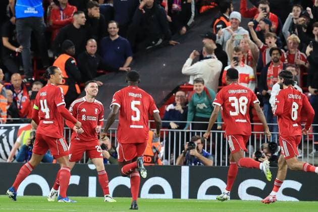 17th September 2025; Anfield, Liverpool, Merseyside, England; UEFA Champions League Football, Liverpool versus Atletico Madrid; Andy Robertson of Liverpool celebrates after scoring for 1-0 after 4 minutes  DavidxBlunsden