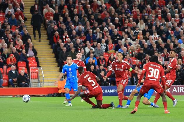 17th September 2025; Anfield, Liverpool, Merseyside, England; UEFA Champions League Football, Liverpool versus Atletico Madrid; Marcos Llorente of Atletico Madrid scores for 2-1 in added time at the end of the first half  DavidxBlunsden