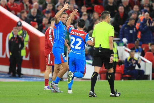 17th September 2025; Anfield, Liverpool, Merseyside, England; UEFA Champions League Football, Liverpool versus Atletico Madrid; Marcos Llorente of Atletico Madrid scores for 2-1 in added time at the end of the first half  DavidxBlunsden