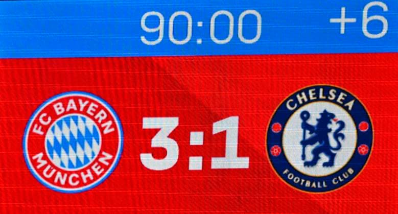 Scoreboard Score 3 1 Final Score FC Bayern Muenchen FCB vs Chelsea FC Matchday 01 17 09 2025 DFL REGULATIONS PROHIBIT ANY USE OF PHOTOGRAPHS AS IMAGE SEQUENCES AND OR QUASI VIDEO FC Bayern Muenchen FCB vs Cheelsea FC