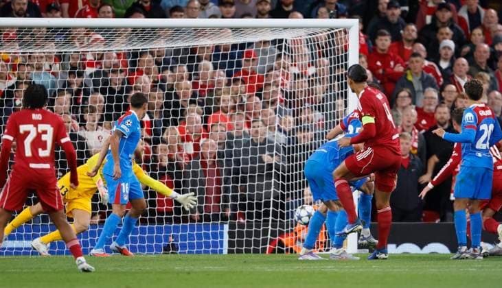 Liverpool FC v Atletico de Madrid - UEFA Champions League 2025 26 League Phase MD1 Virgil van Dijk of Liverpool scores 3rd goal during the UEFA Champions League 2025 26 League Phase MD1 match between Liverpool FC and Atletico de Madrid at Anfield on September 17, 2025 in Liverpool, England. Liverpool Anfield England United Kingdom Copyright: xRichardxSellers Sportsphoto APLx 14135148
