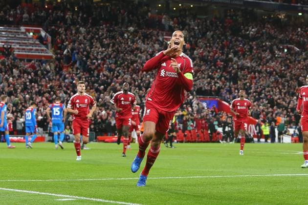 Virgil van Dijk of Liverpool celebrates scoring their sides third goal Liverpool v Atletico Madrid, UEFA Champions League, Group Stage, Football, Anfield, Liverpool, UK - 17 Sep 2025Liverpool Anfield United Kingdom EDITORIAL USE ONLY No use with unauthorised audio, video, data, fixture lists, club league logos or live services. Online in-match use limited to 120 images, no video emulation. No use in betting, games or single club league player publications. Copyright: xPhilxOldham Shutterstockx 15481355co