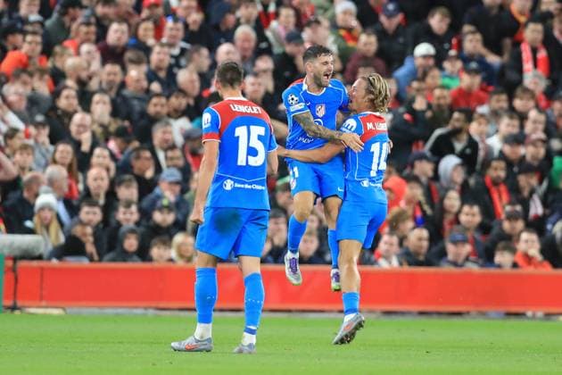 17th September 2025; Anfield, Liverpool, Merseyside, England; UEFA Champions League Football, Liverpool versus Atletico Madrid; Marcos Llorente of Atletico Madrid celebrates after scoring for 2-2 after 81 minutes  DavidxBlunsden