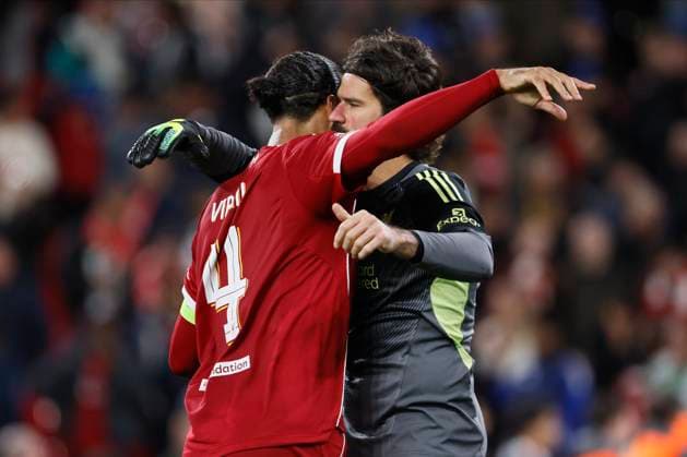Liverpool FC v Atletico de Madrid - UEFA Champions League 2025 26 League Phase MD1 Virgil van Dijk of Liverpool and Alisson Becker, goalkeeper of Liverpool celebrate after winning the UEFA Champions League 2025 26 League Phase MD1 match between Liverpool FC and Atletico de Madrid at Anfield on September 17, 2025 in Liverpool, England. Liverpool Anfield England United Kingdom Copyright: xRichardxSellers Sportsphoto APLx 14135157