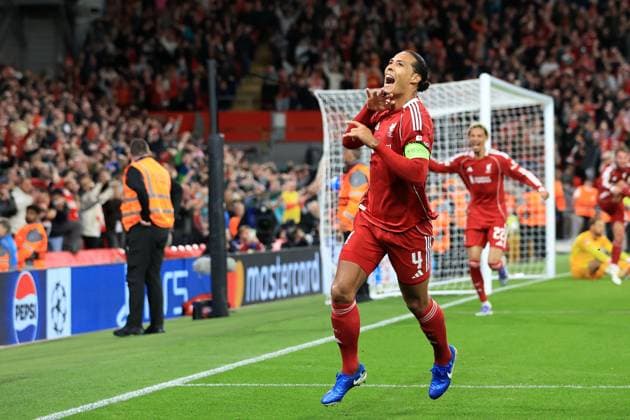 17th September 2025; Anfield, Liverpool, Merseyside, England; UEFA Champions League Football, Liverpool versus Atletico Madrid; Virgil van Dijk of Liverpool celebrates after scoring with a header for 3-2 after 2 minutes of added time  DavidxBlunsden