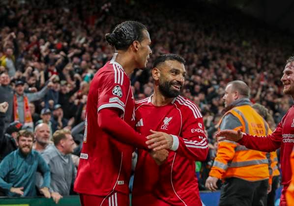Liverpool FC v Atletico Madrid, Champions League Liverpool defender Virgil van Dijk (4) scores a GOAL 3-2 and celebrates with Liverpool forward Mohamed Salah (11) during the Liverpool FC v Atletico Madrid Champions League Round One match at Anfield, Liverpool, United Kingdom on 17 September 2025 Credit: Lee Keuneke Every Second Media Editorial use only. All images are copyright Every Second Media Limited. No images may be reproduced without prior permission. Copyright: xIMAGO EveryxSecondxMediax ESM-1590-0073 LeexKeunekex xEveryxSecondxMediax