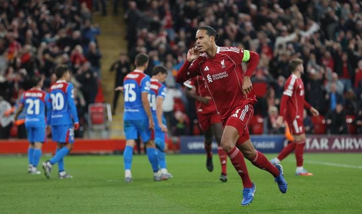 . - Liverpool v Atletico Madrid, UEFA Champions League, League Stage, Anfield Stadium, Liverpool, England. - 17th September 2025. (C) Daniel Weir Crystal Pix Virgil van Dijk of Liverpool goal celebration after scoring a goal to put Liverpool 3-2 ahead. - Liverpool v Atletico Madrid, UEFA Champions League, League Stage, Anfield Stadium, Liverpool, England. - 17th September 2025. (C) Daniel Weir Crystal Pix Liverpool Anfield Stadium United Kingdom Copyright: xDanielxWeirx CP_Liverpool_Atletico_Madrid_04